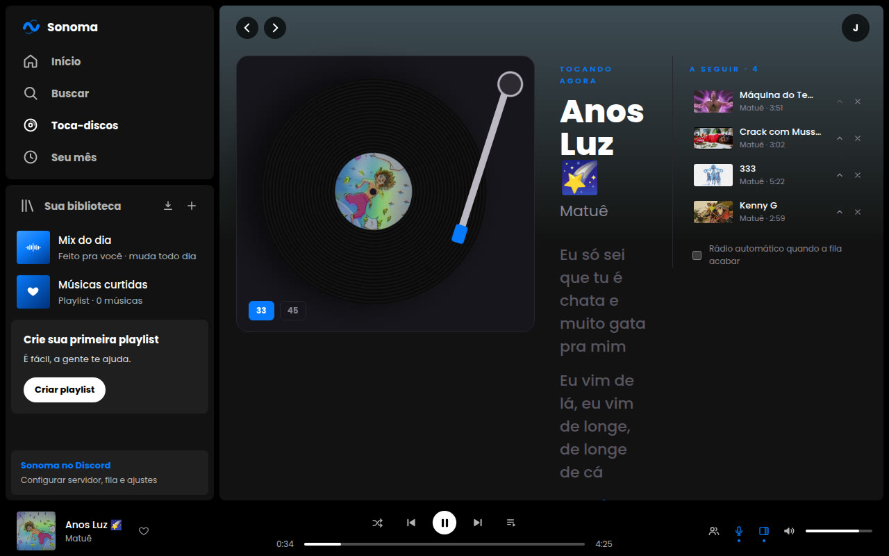 O app do Sonoma tocando Anos Luz, com a letra ao lado